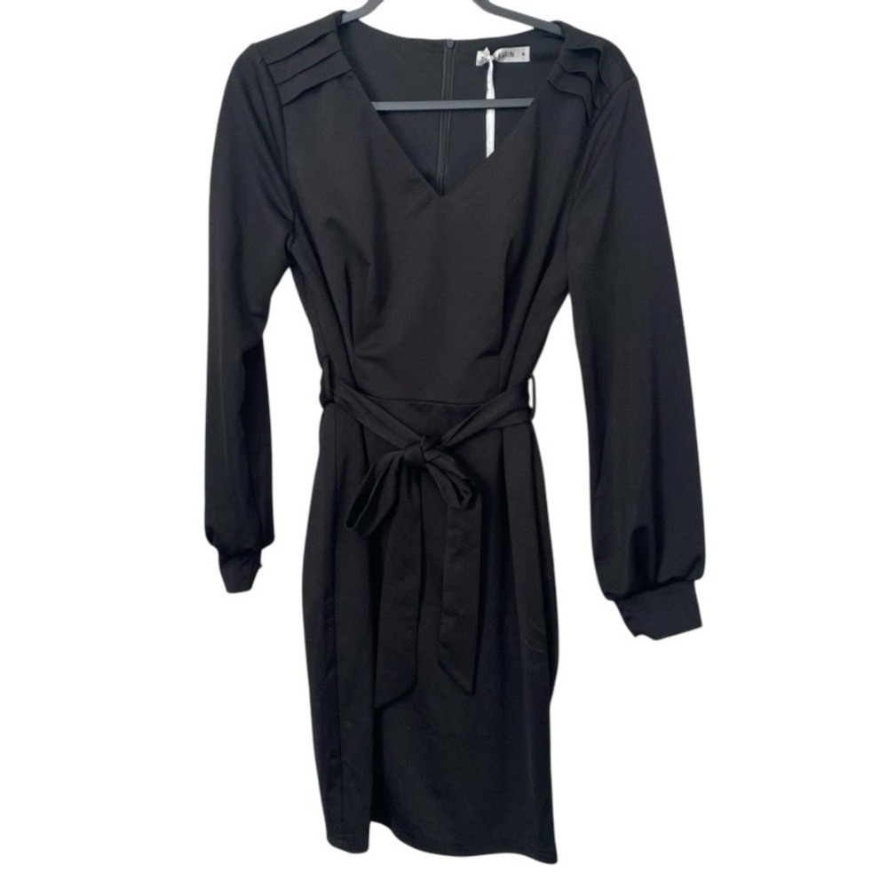 Grace Karin Black Tie Waist V Neck Dress NWT M